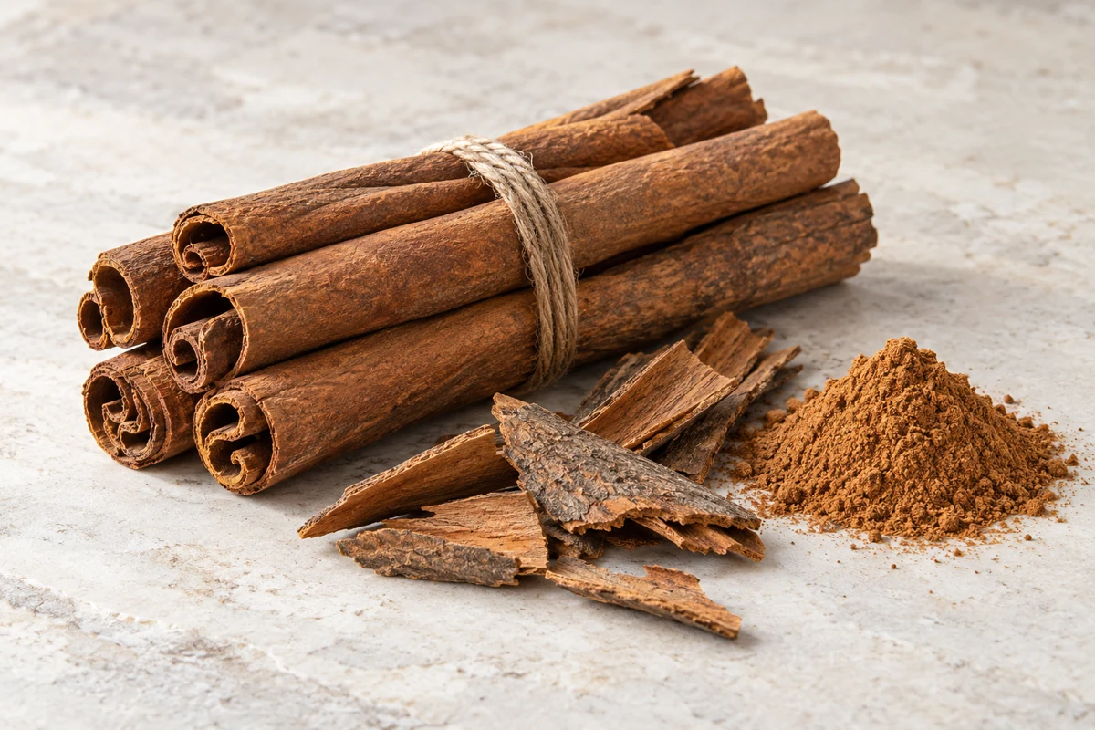 Editorial still life of cassia bark rolls, chips and cinnamon powder.