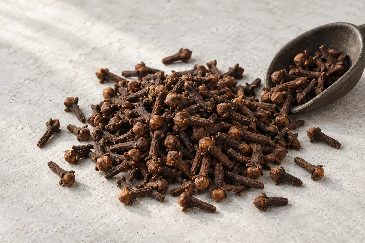 Editorial still life of whole dried cloves and a ceramic scoop.