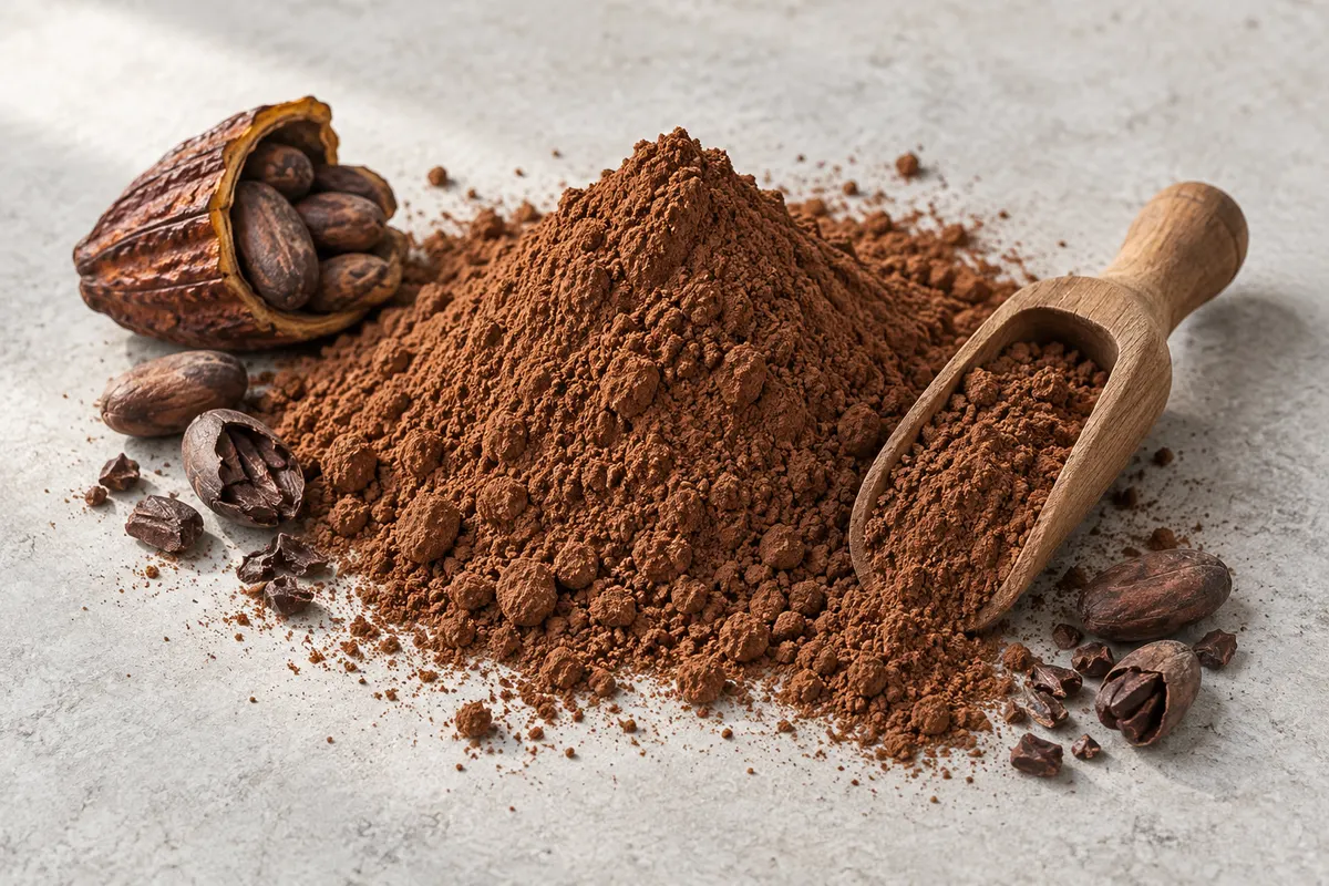 Editorial still life of cocoa powder, a wooden scoop and cacao beans.