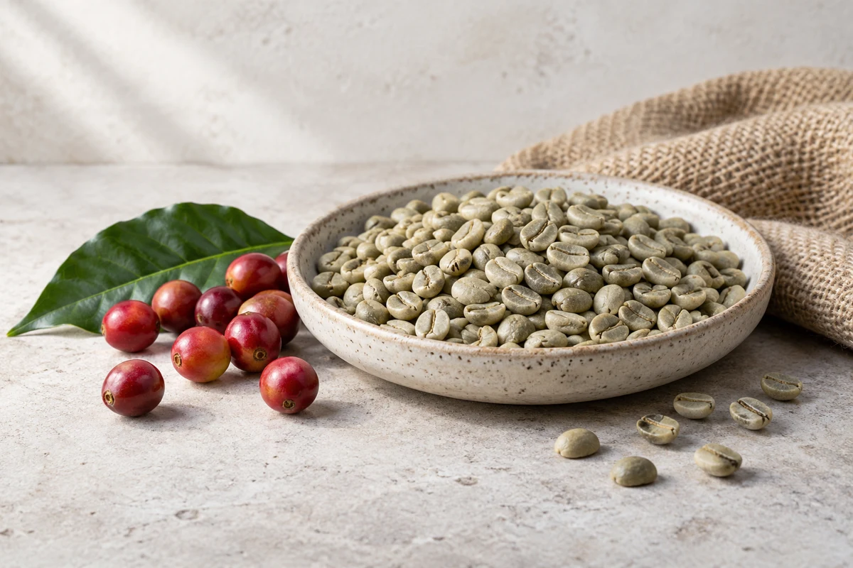 Editorial still life of green coffee beans, coffee cherries and a leaf.