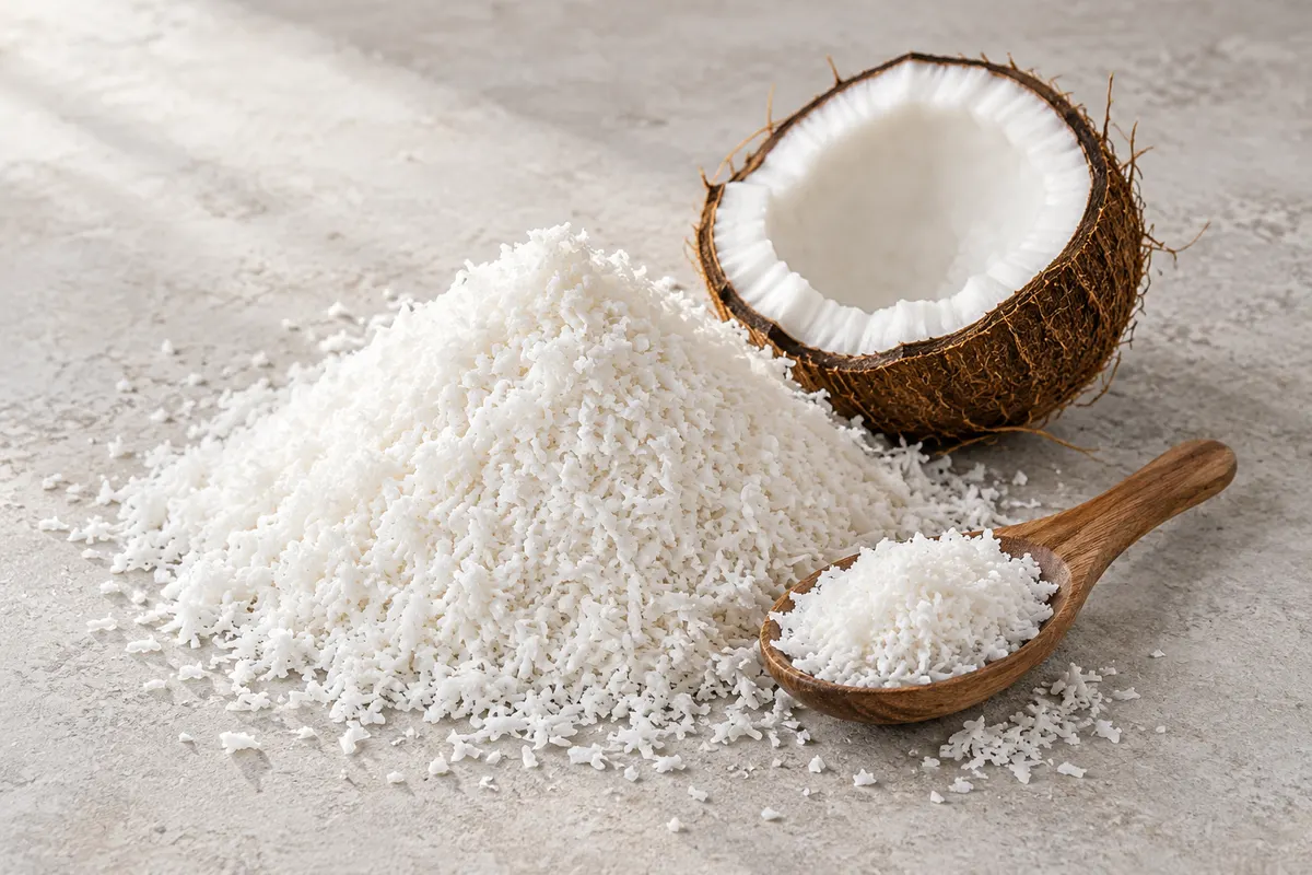 Editorial still life of finely shredded desiccated coconut and a halved coconut.