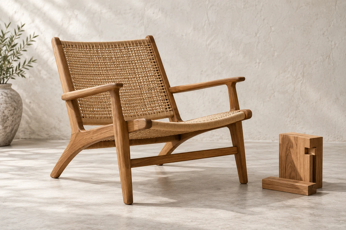 Editorial still life of a teak and rattan chair with a wood joinery sample.